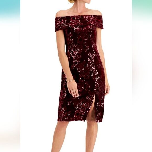 NWT Adrianna Papell Velvet Sequin Sheath Dress in Garnet - Picture 3 of 13